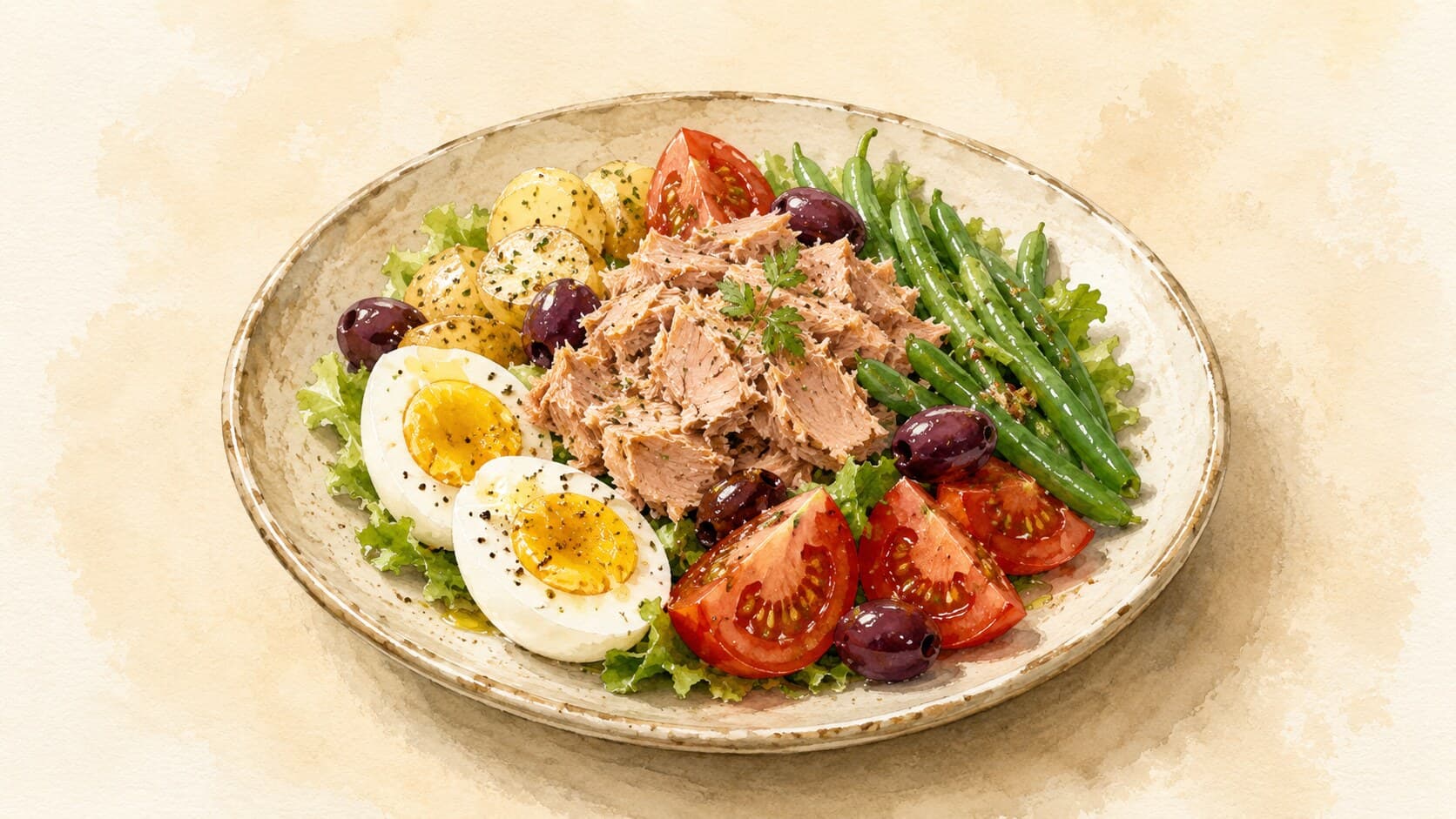 A composed plate featuring tuna chunks, halved soft-boiled eggs, olives, green beans, tomatoes, and potatoes.