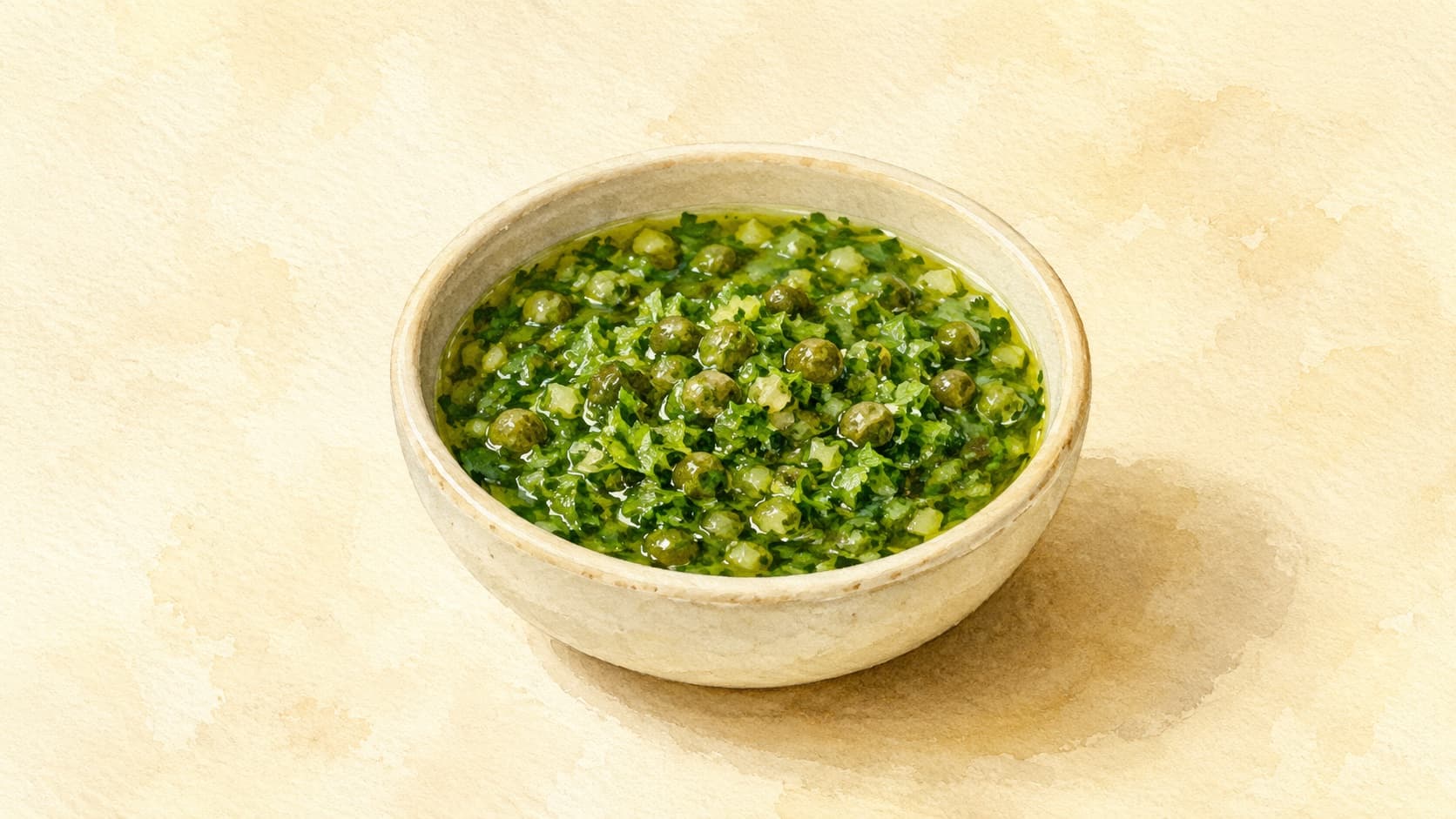 A vibrant bowl of homemade Salsa Verde with fresh herbs and garlic, served with crusty bread.