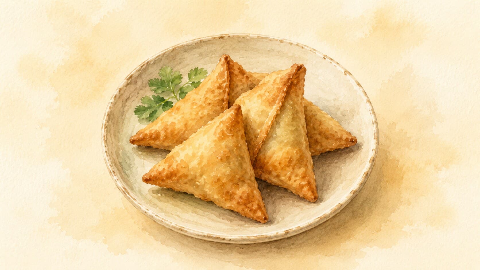 Golden-brown crispy samosas arranged on a plate.
