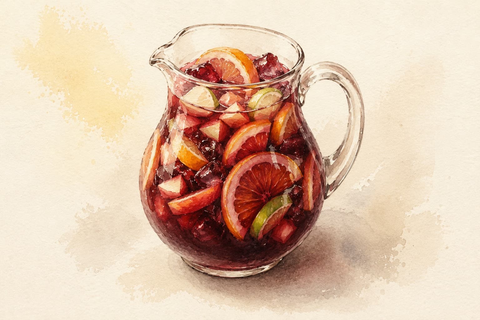 A vibrant pitcher of sangria filled with colorful fruits.