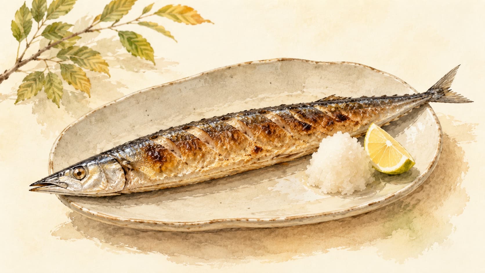 A beautifully grilled Sanma Shioyaki with crispy skin and a garnish of daikon radish.