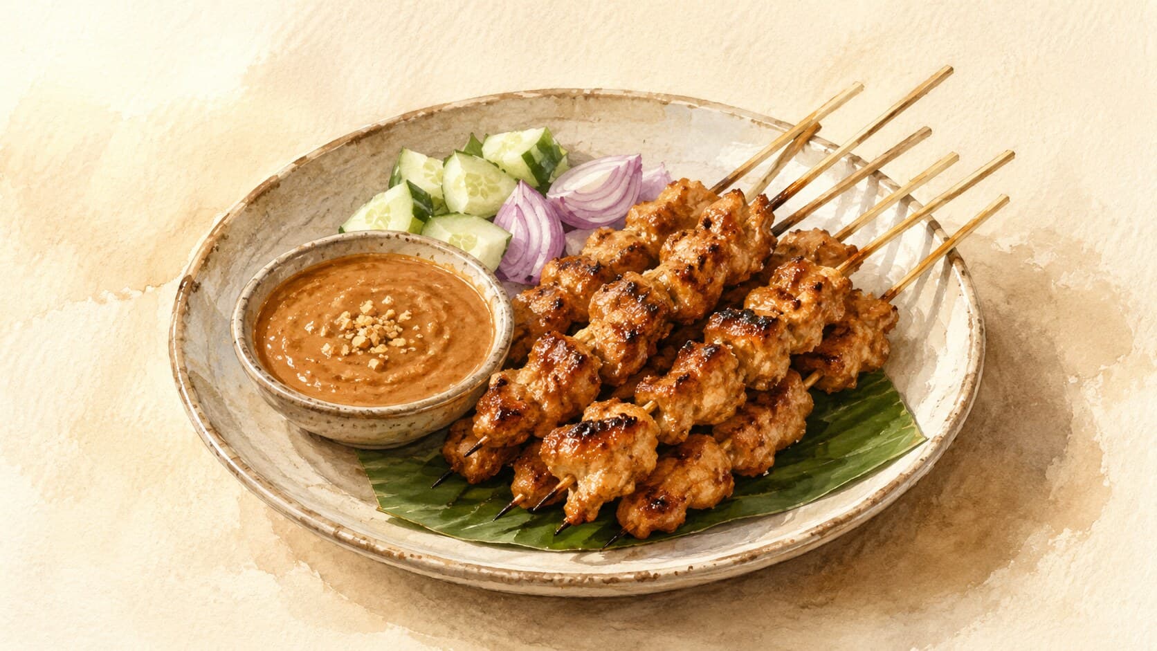 A plate of chicken skewers with char marks on a banana leaf beside a bowl of glossy peanut sauce topped with fried shallot crisps.