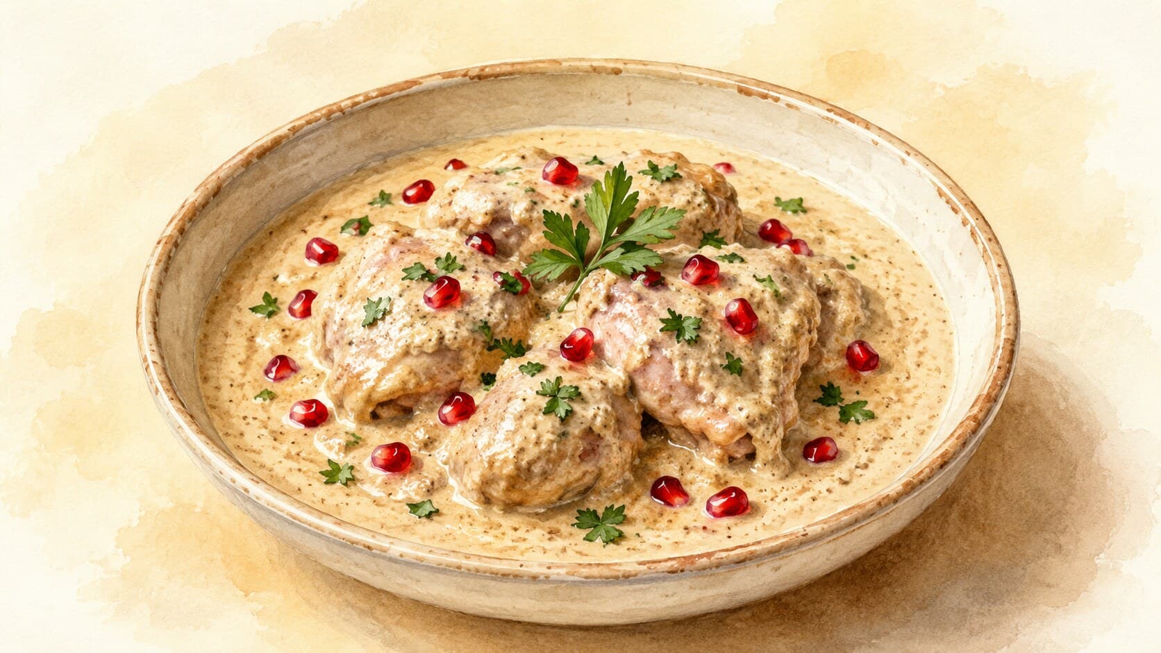 Chicken pieces coated in a pale walnut sauce, garnished with pomegranate seeds and parsley, on a decorative plate.