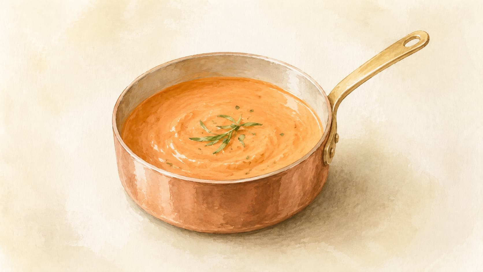 A warm plate with a pool of pale-orange Sauce Choron beside grilled beef, tomato flecks visible in the silky emulsion