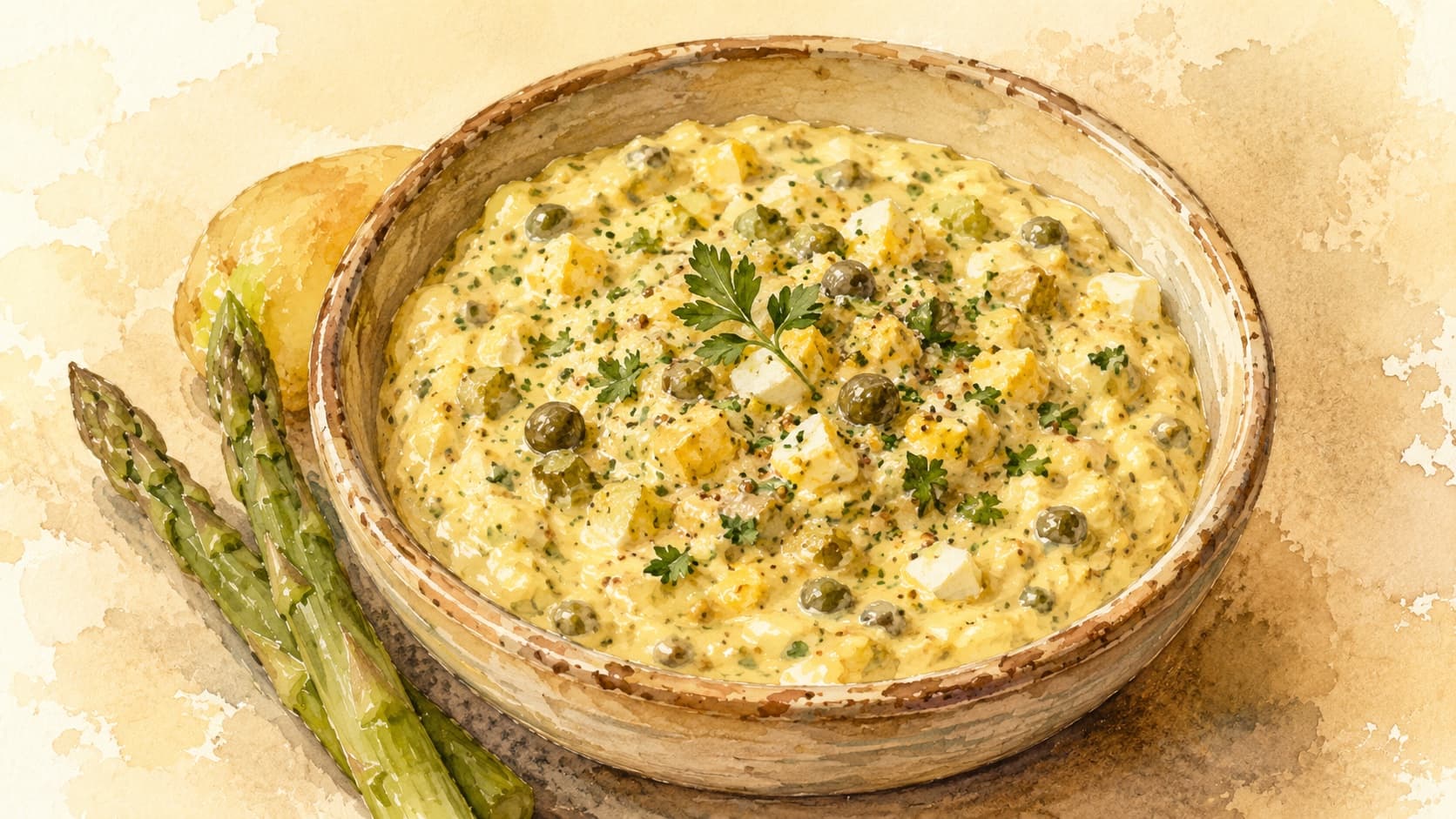A beautifully arranged bowl of Sauce Gribiche, garnished with fresh herbs.