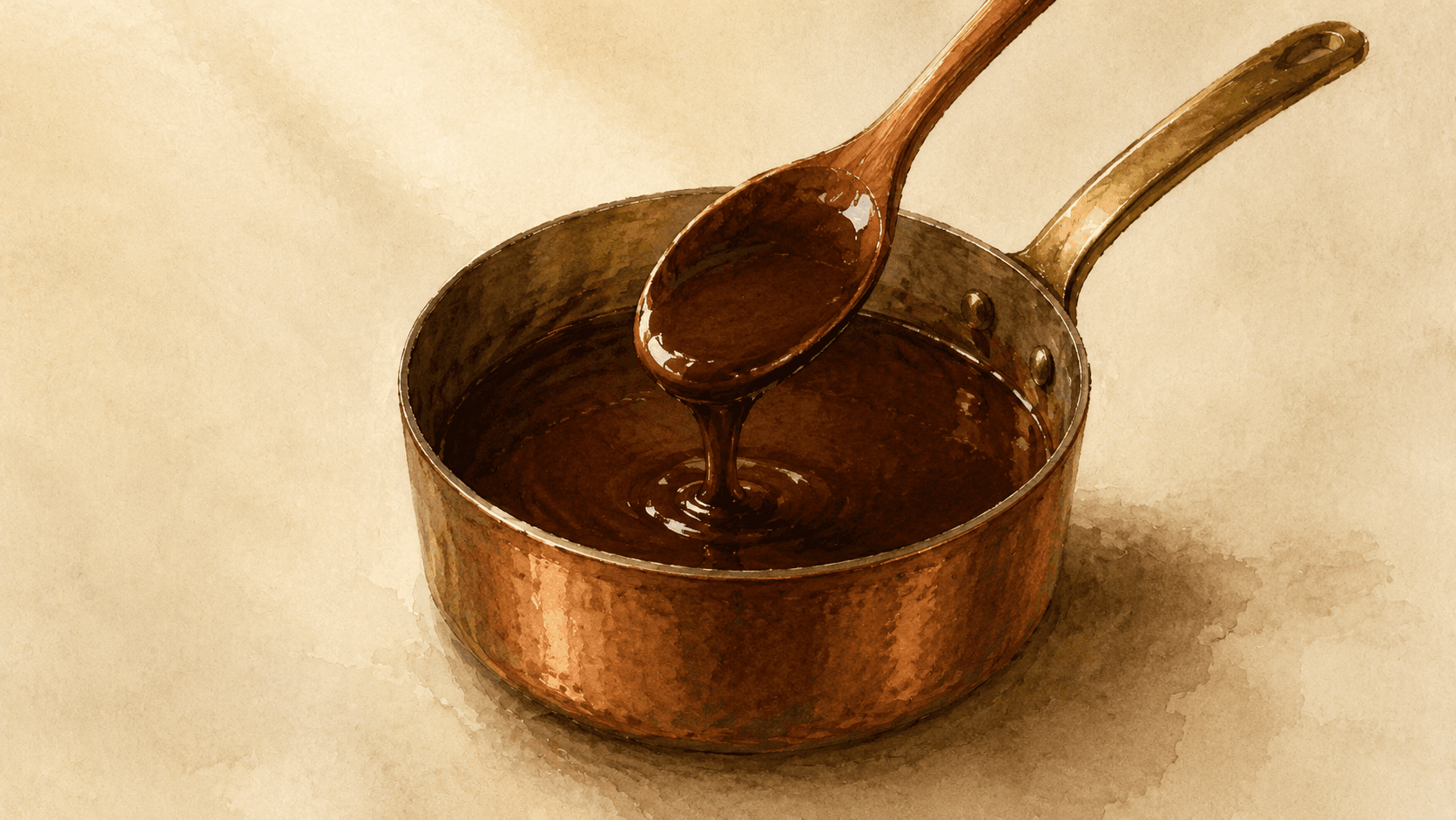 A copper saucepan of pale brown sauce Robert, the surface showing finely chopped onions suspended in the glossy sauce, a wooden spoon resting on the rim