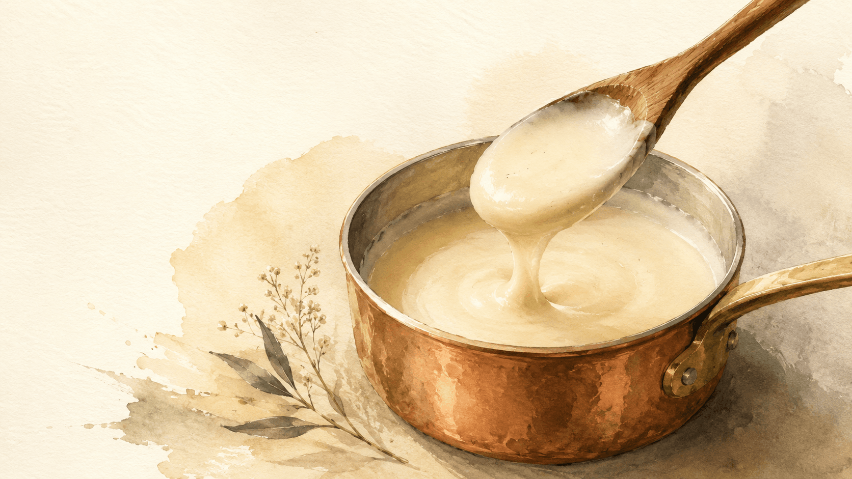 A pale ivory-gold Sauce Suprême being ladled into a white bowl, with a silky, slightly glossy surface