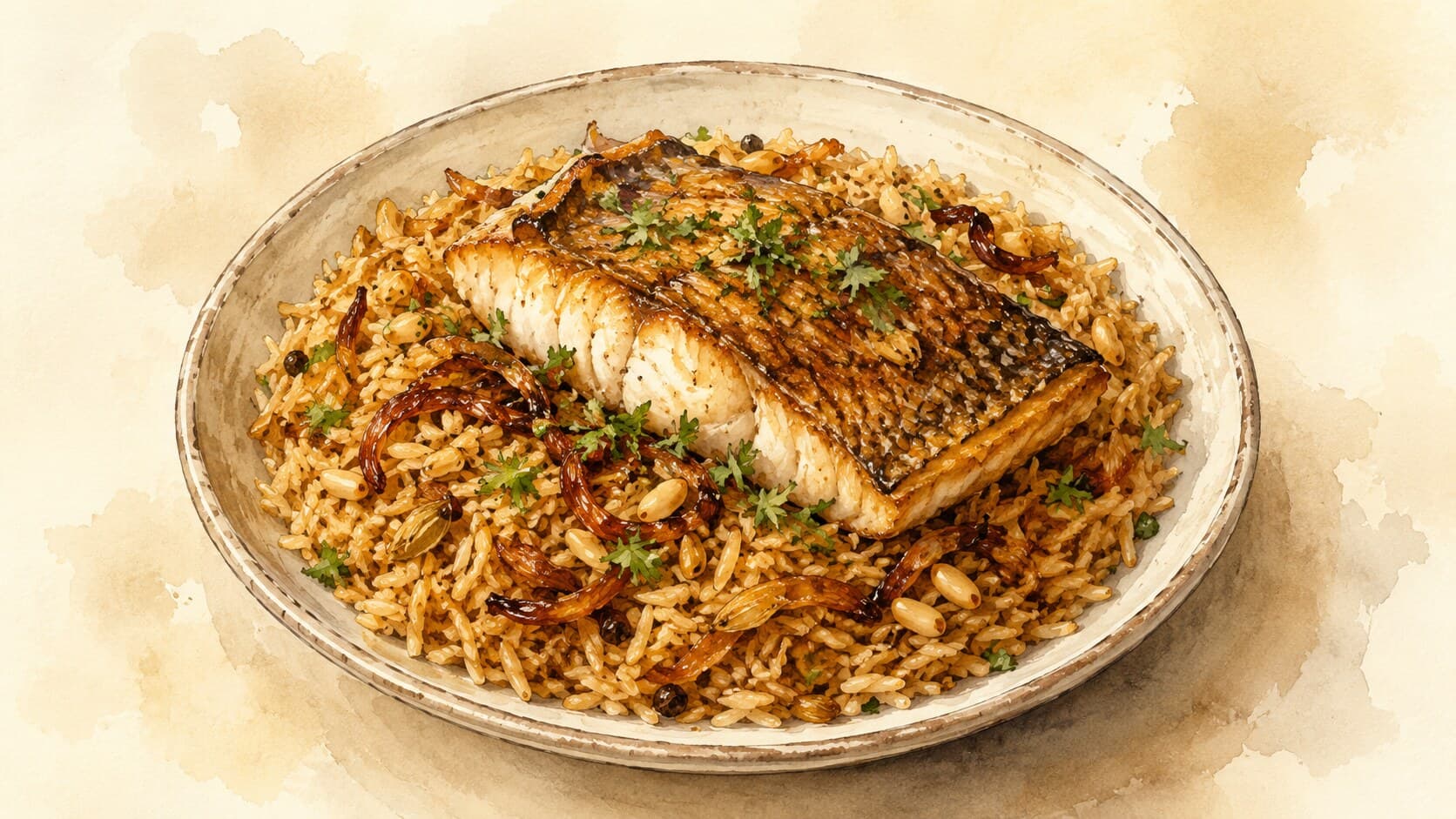A wide platter of golden-cumin rice topped with seared white fish fillets and deep-brown caramelized onion shreds, surrounded by lemon wedges.