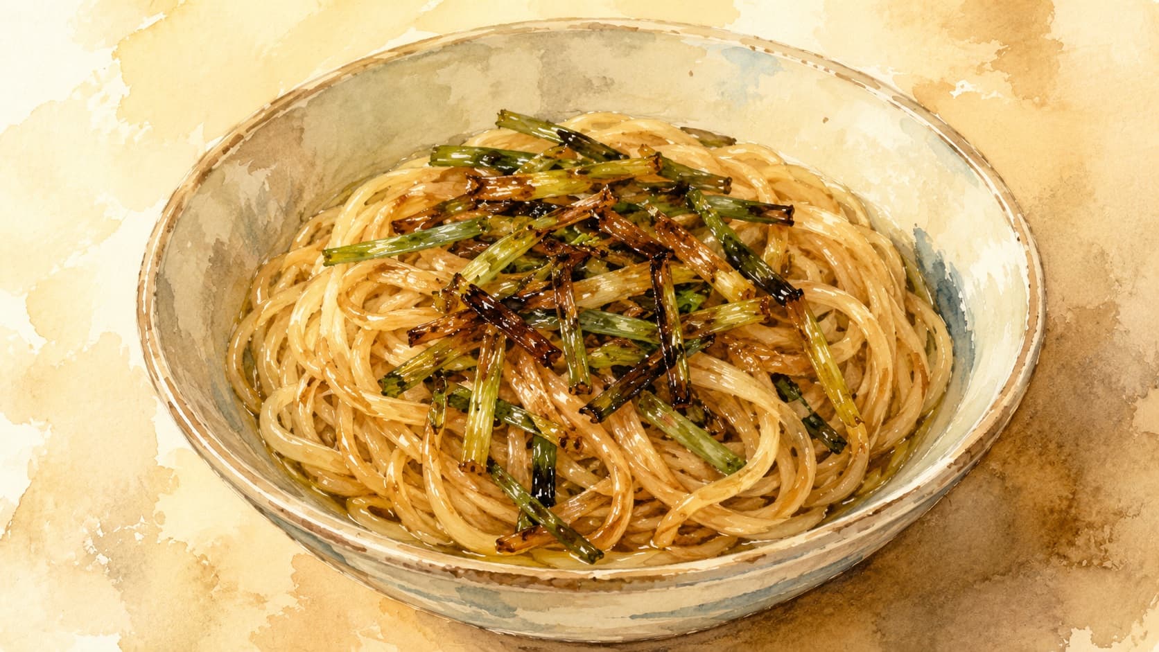 A delicious bowl of scallion oil noodles garnished with fresh scallions.