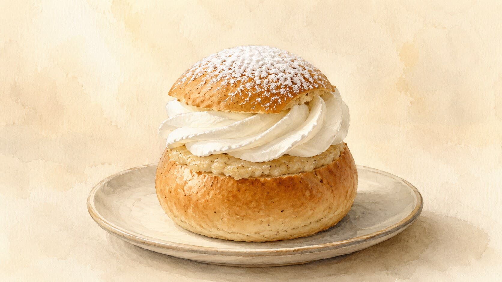 A round cream-filled cardamom bun dusted with powdered sugar.
