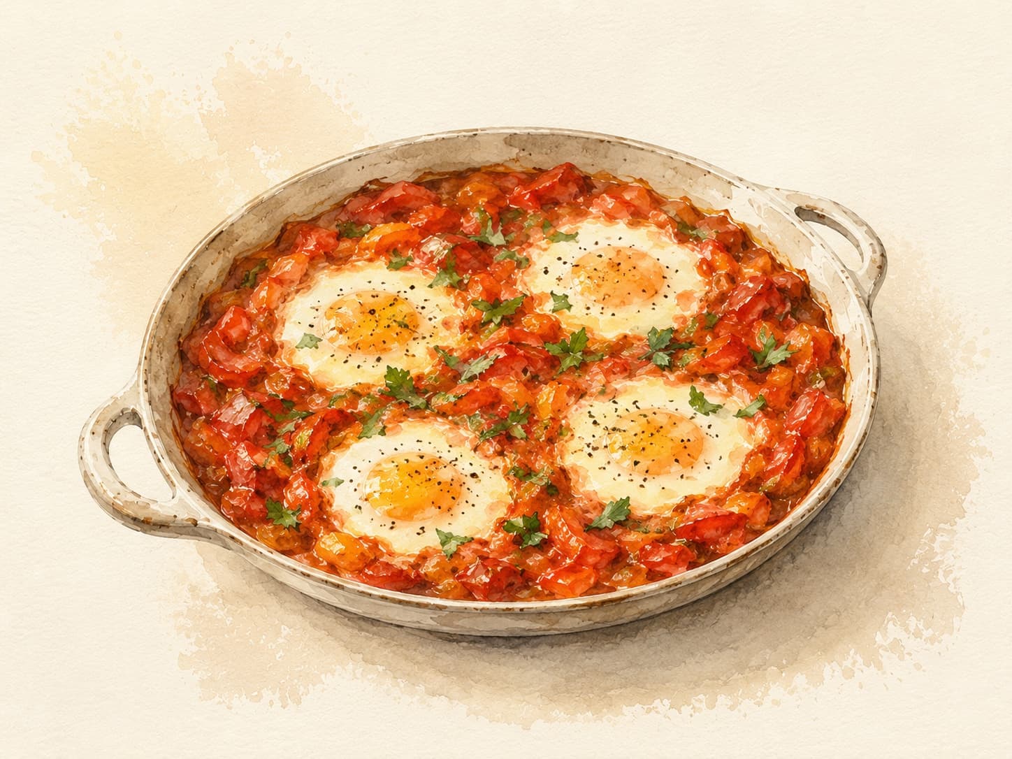 A vibrant dish of poached eggs nestled in rich tomato sauce, garnished with fresh herbs.