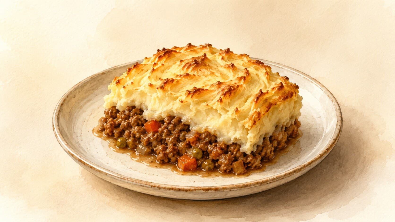 A beautifully browned layer of mashed potatoes over a savory filling of minced lamb, carrots, and peas.