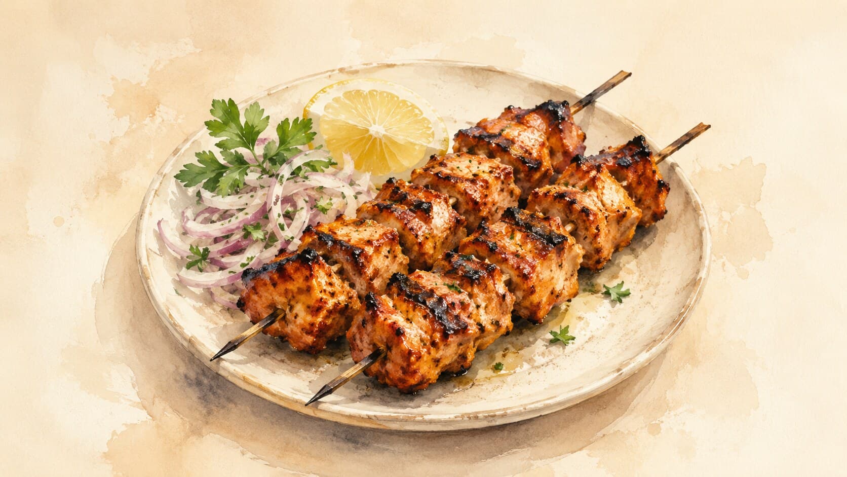 Skewers of golden-charred chicken cubes served with a side of pure-white garlic toum sauce.