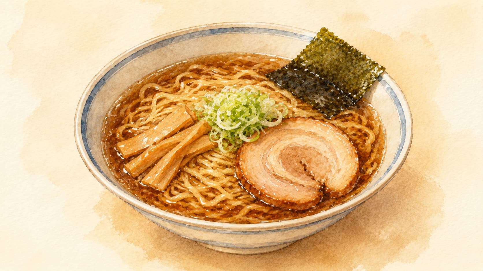A steaming bowl of shoyu ramen topped with green onions and slices of pork.