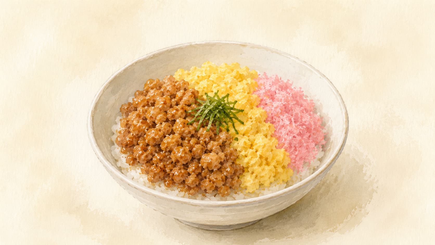 A white bowl of soboro don, with pale yellow egg soboro, dark brown chicken soboro, and bright green edamame or shiso arranged in three distinct sections over white rice