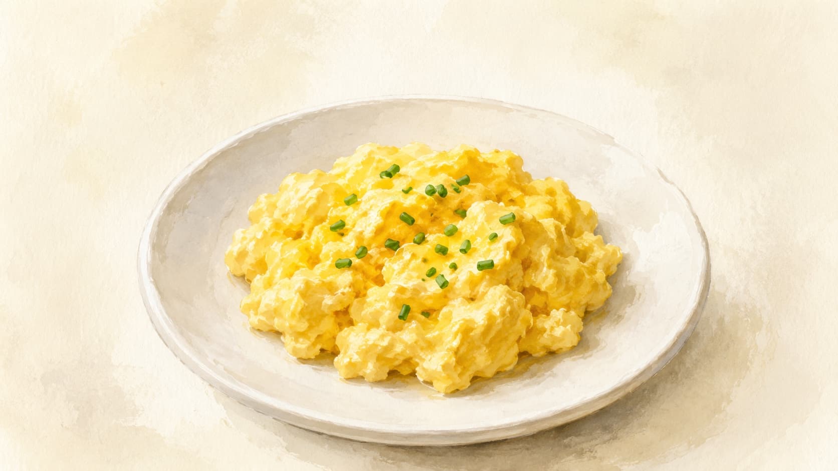 Pale yellow soft scrambled eggs in small, creamy folds on a white plate, slightly glossy from butter