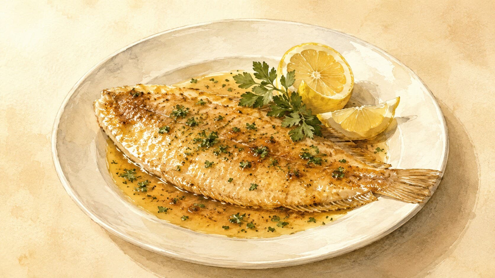 A pan-fried white-flesh fish fillet on a warm ceramic plate, a small pool of glistening brown-butter sauce beside it, a slice of lemon and a sprig of parsley nearby