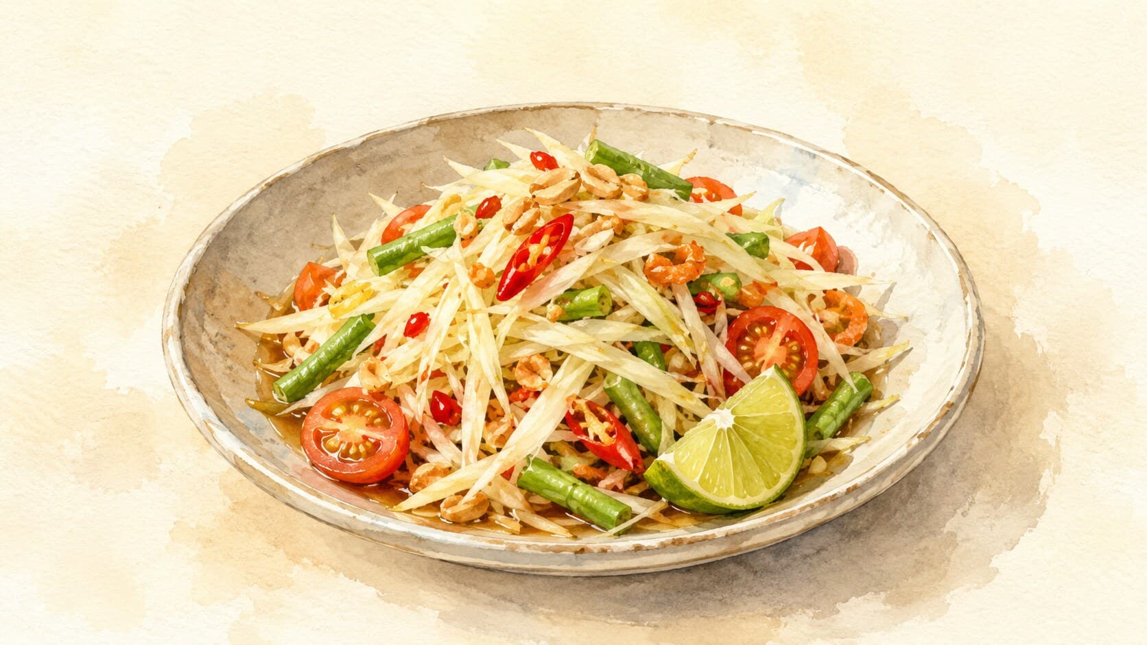 A vibrant mix of shredded green papaya, tomatoes, and peanuts.