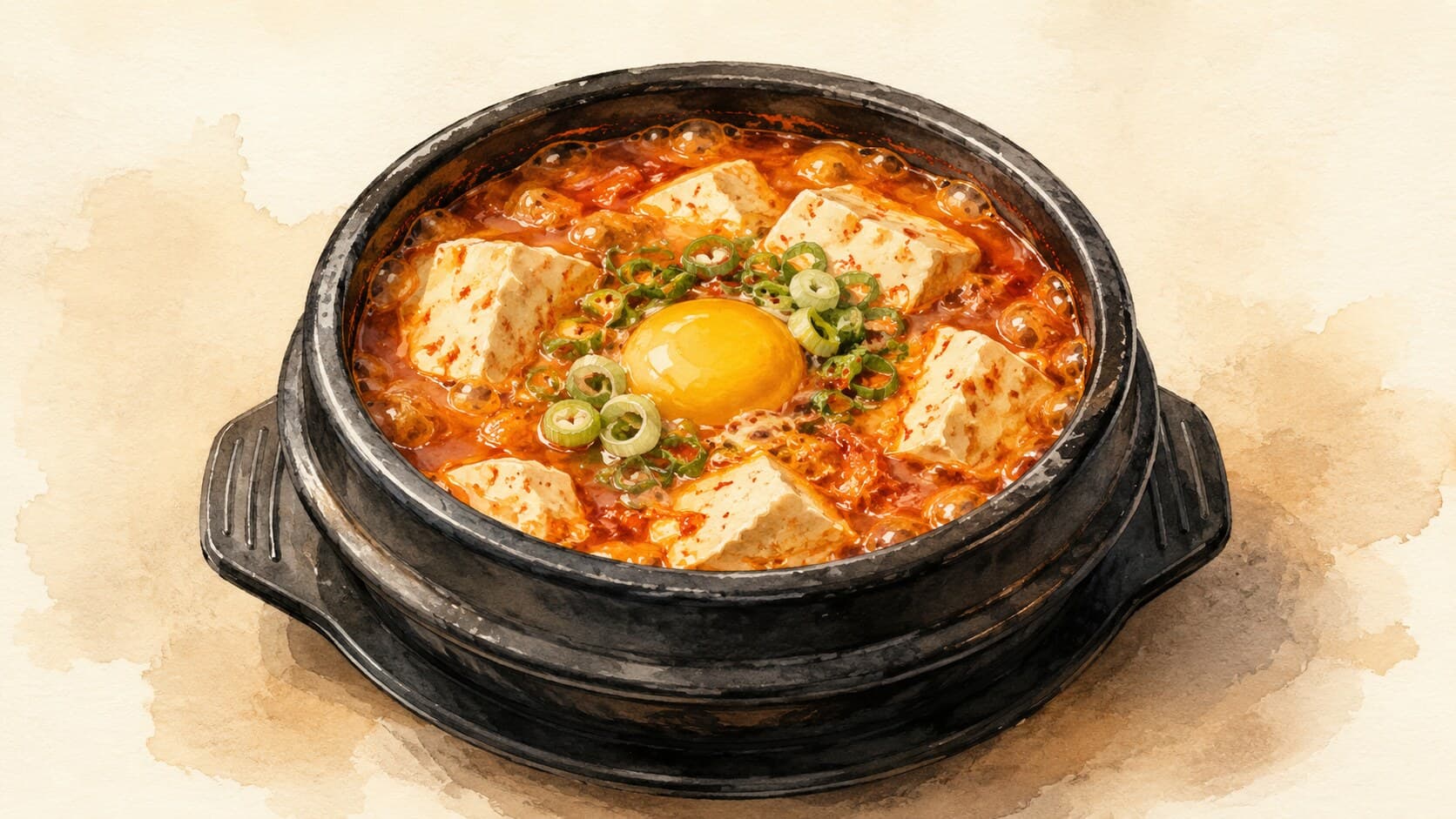 A vibrant bowl of Soondubu Jjigae with silken tofu and colorful vegetables.