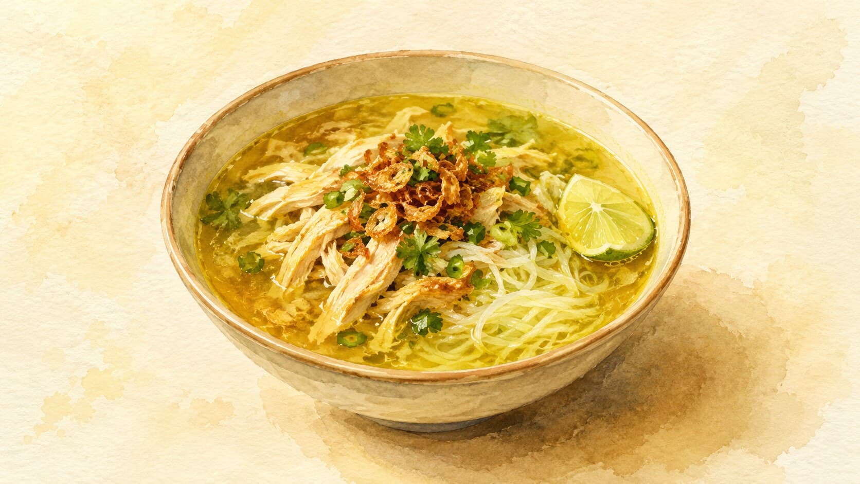 A bowl of yellow-tinted clear chicken broth with rice, glass noodles, shredded poached chicken, hard-boiled egg, fried shallots, and scallions.