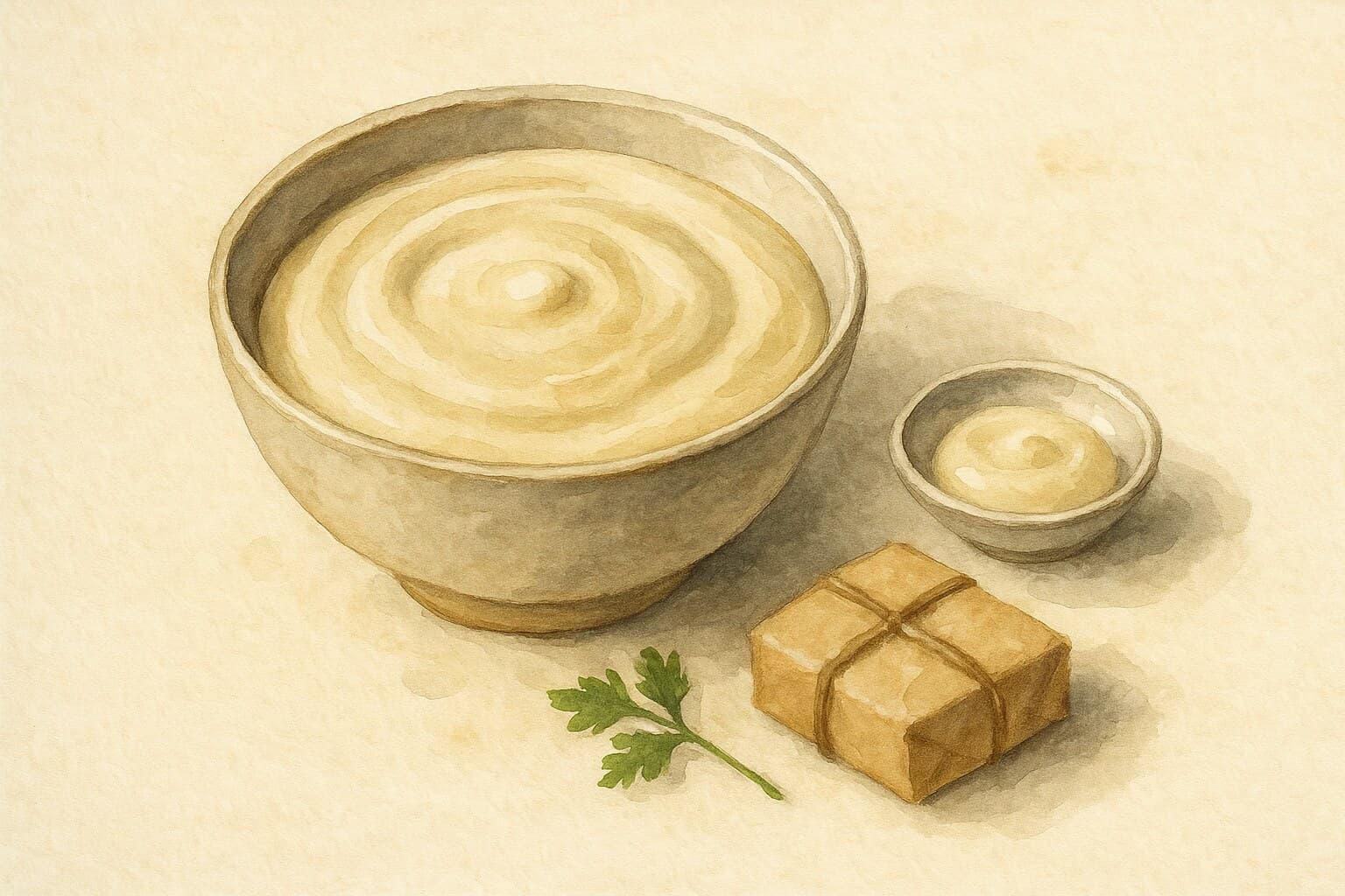 A beautiful watercolor illustration of a bowl of soubise sauce, showcasing its creamy texture and subtle onion flavor.