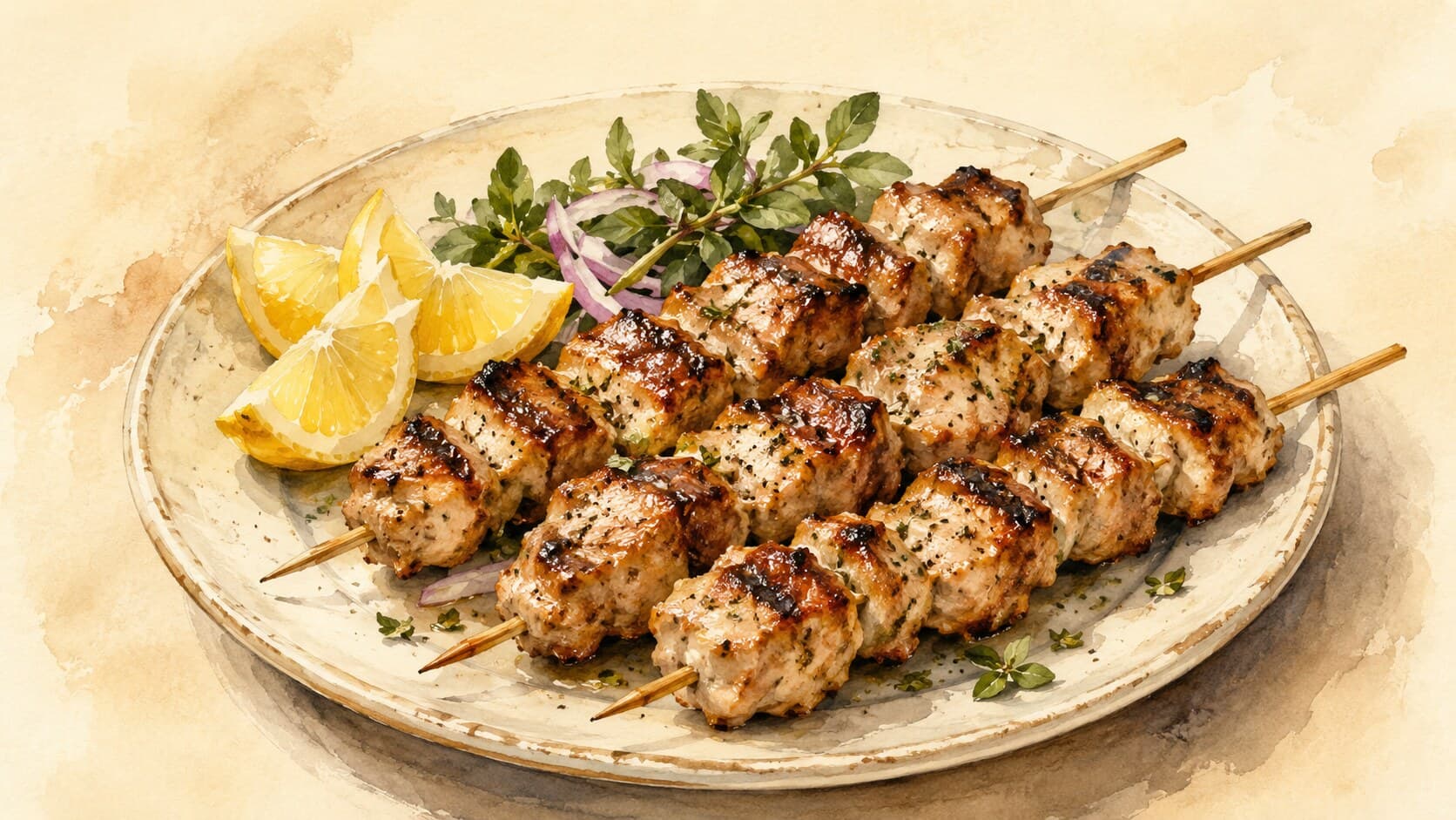 A plate of grilled pork souvlaki skewers with char marks, accompanied by a lemon wedge, warm pita stack, and a bowl of tzatziki.