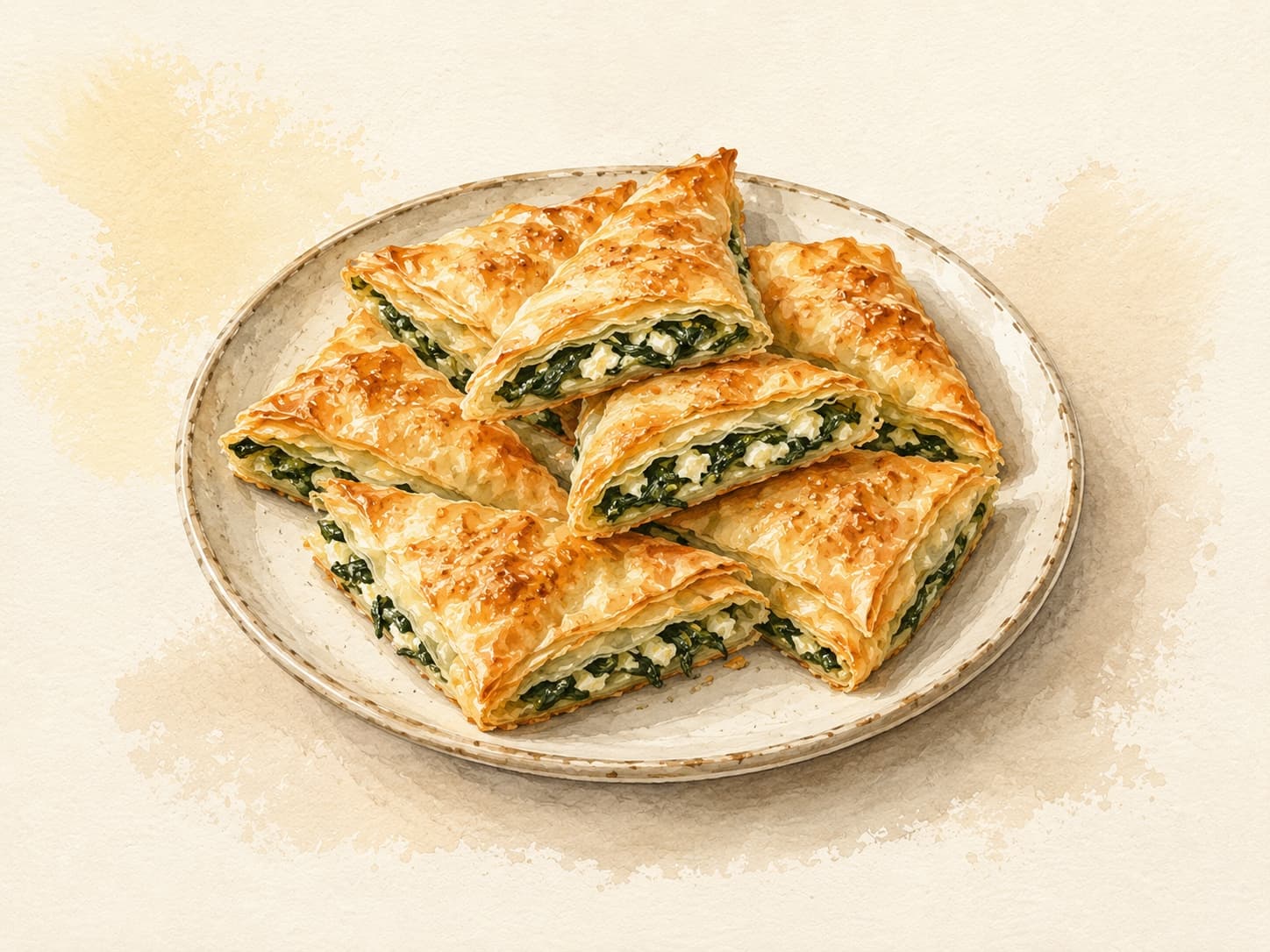 Golden brown phyllo pastry filled with vibrant green spinach and crumbled feta.