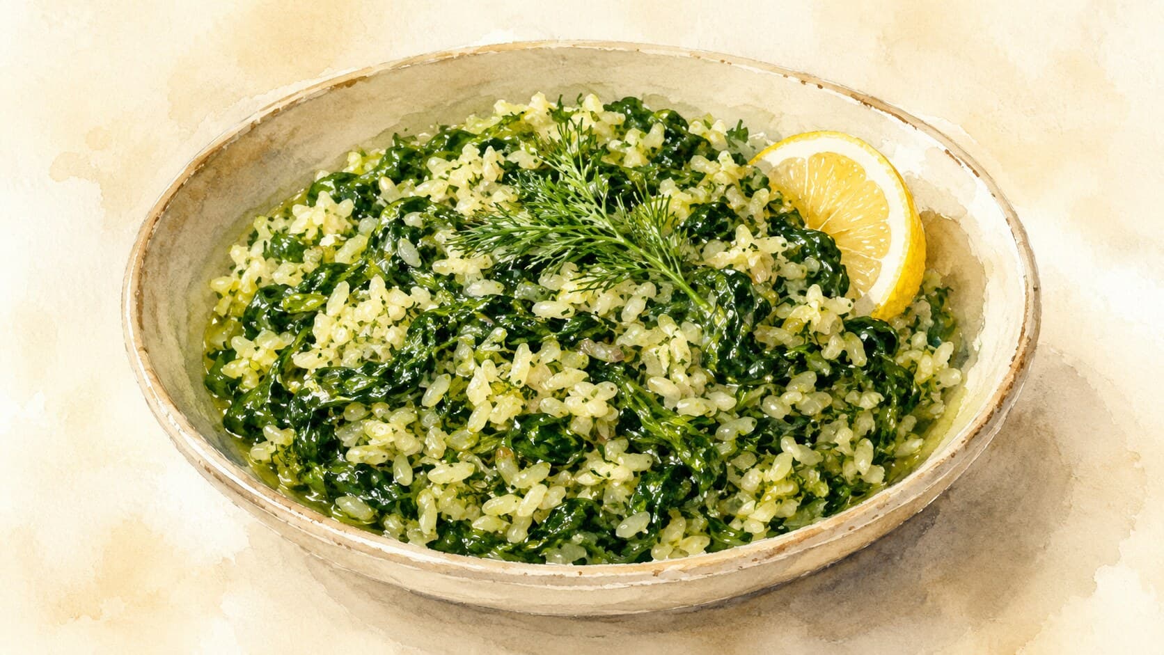 A shallow ceramic dish filled with green-flecked rice and spinach, garnished with a lemon wedge and a drizzle of olive oil.