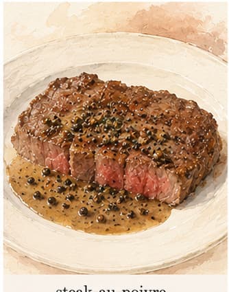 A thick pepper-crusted steak resting on a warm plate, dark cream sauce pooling alongside, crushed black peppercorns visible on the crust