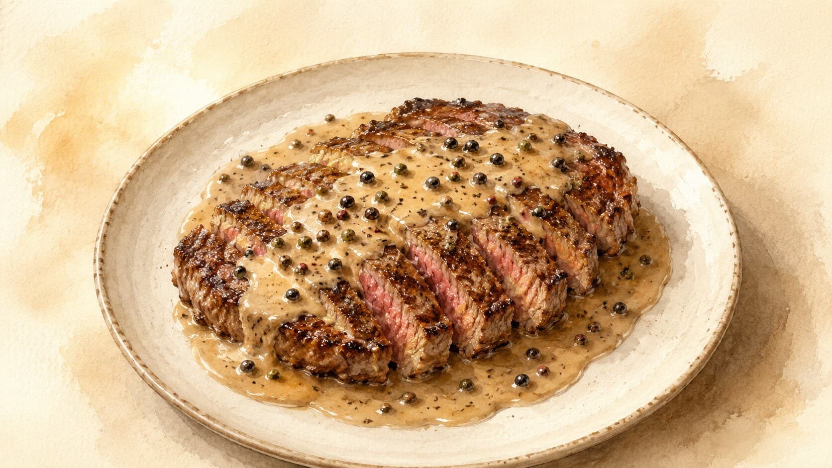 A thick pepper-crusted steak resting on a warm plate, dark cream sauce pooling alongside, crushed black peppercorns visible on the crust