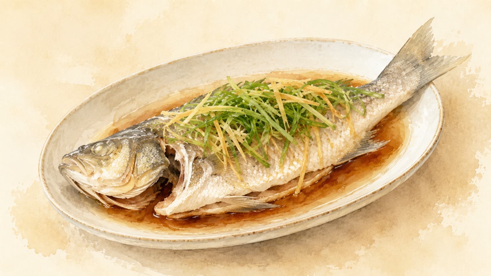 A beautifully arranged whole steamed fish garnished with scallions and ginger.