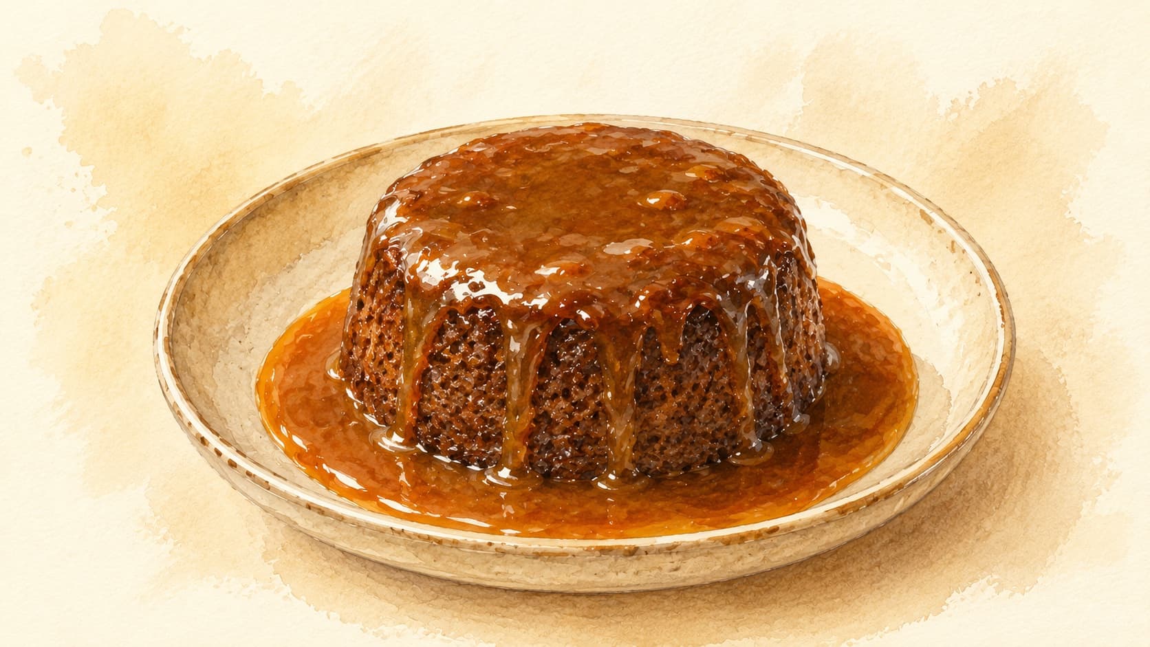 A beautifully illustrated plate of sticky toffee pudding drizzled with caramel sauce, garnished with a sprig of mint.