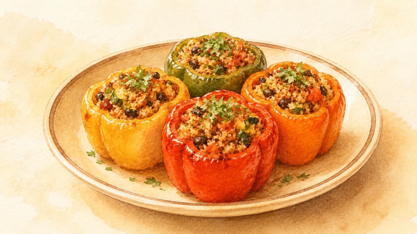 A beautifully arranged plate of stuffed peppers, showcasing colorful fillings and fresh herbs.