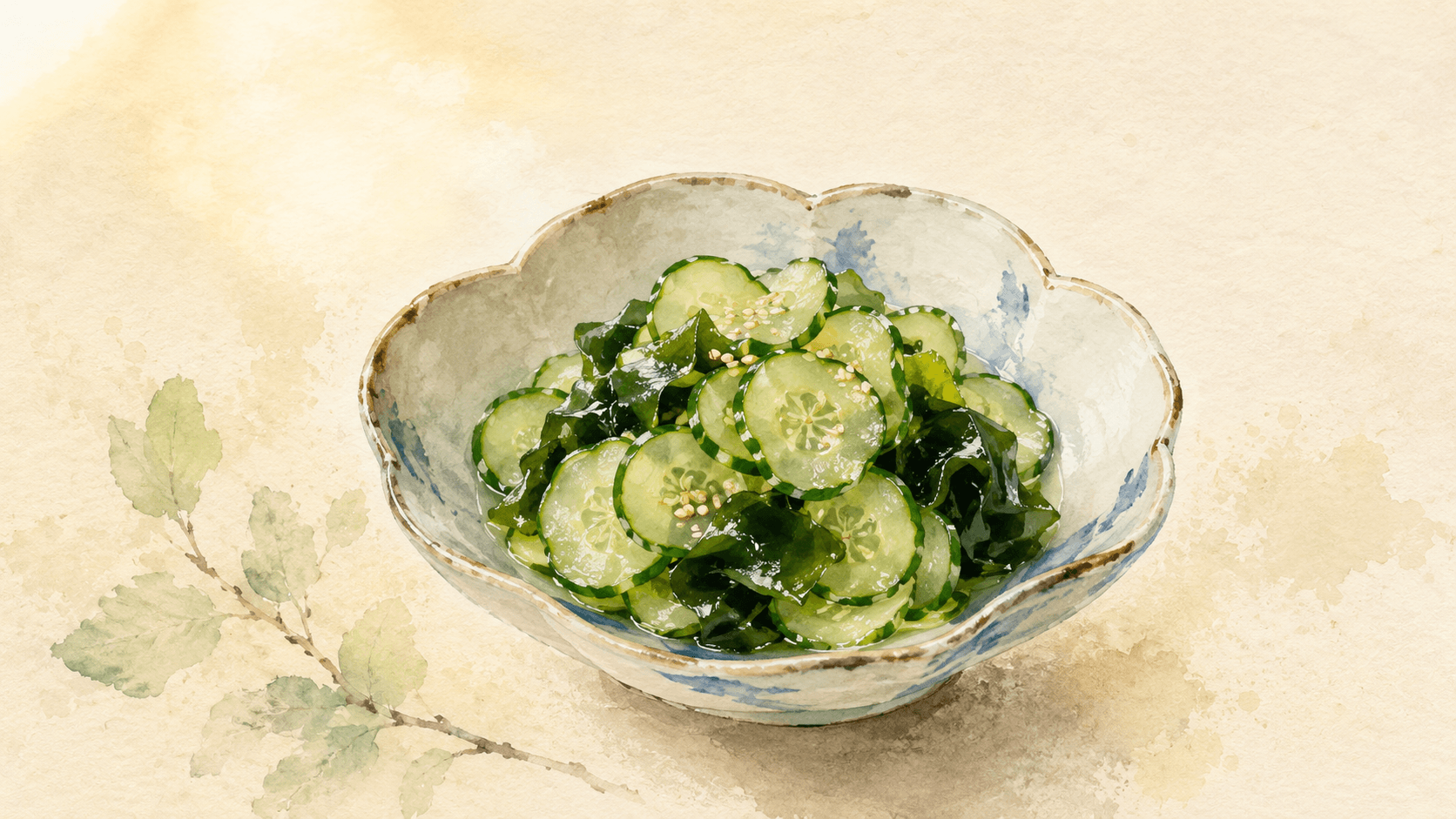 A small glass bowl of sunomono with thin cucumber slices, a few pieces of wakame seaweed, and a pale golden vinegar dressing