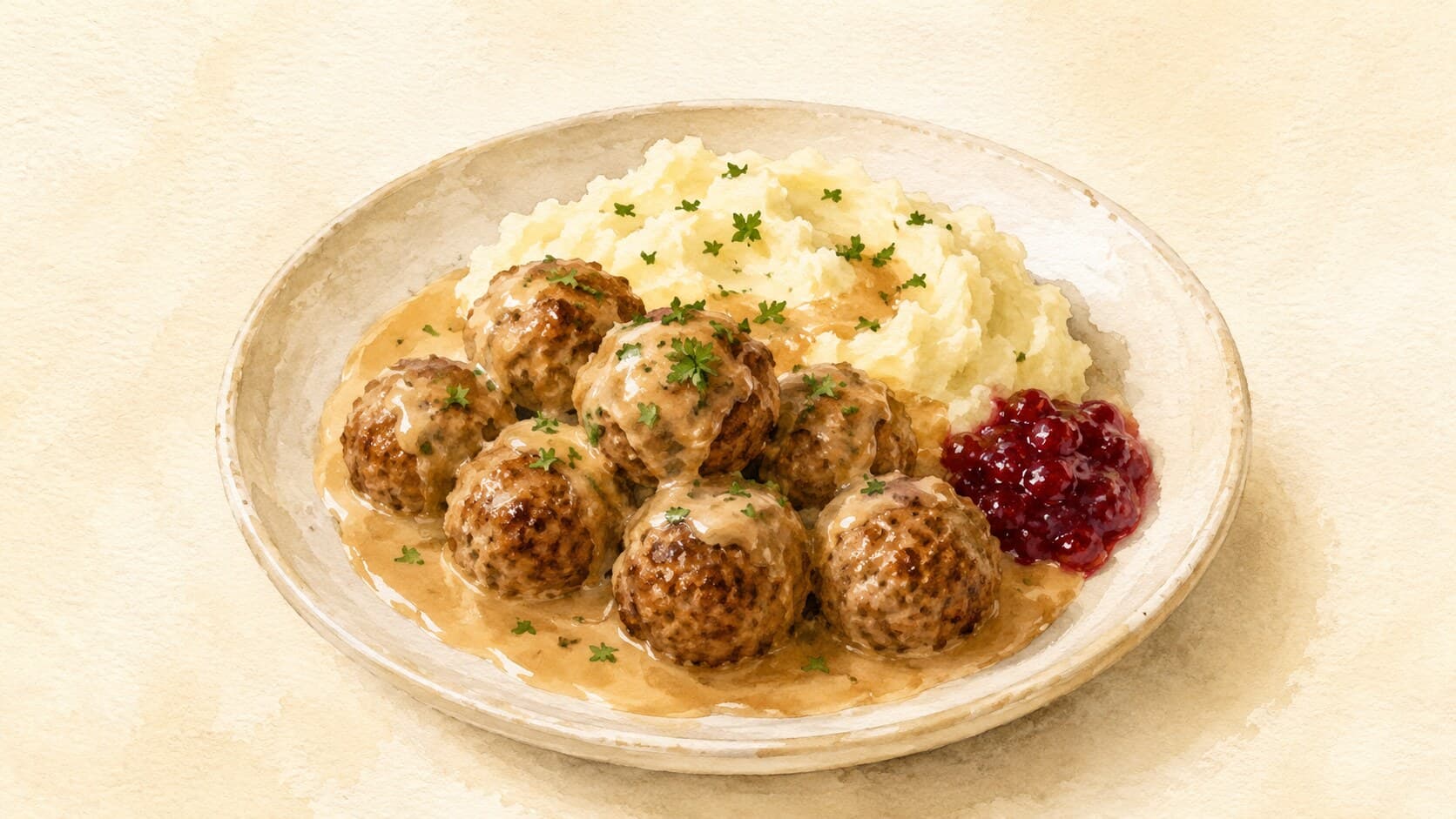 Brown meatballs in creamy gravy served alongside mashed potatoes and lingonberry jam.