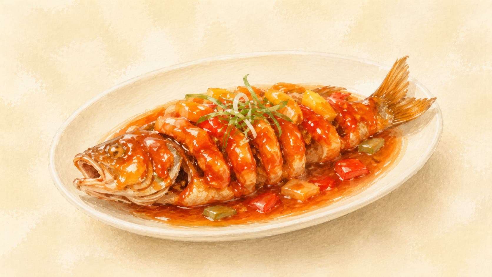 A vibrant dish featuring crispy fish coated in a glossy sweet and sour sauce.