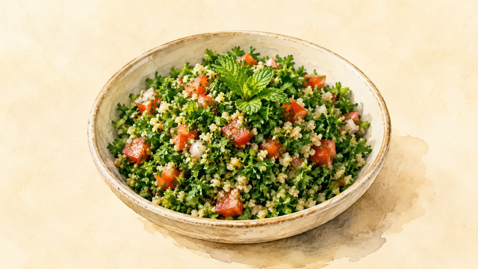 A colorful bowl of tabbouleh featuring finely chopped parsley, tomatoes, and bulgur.