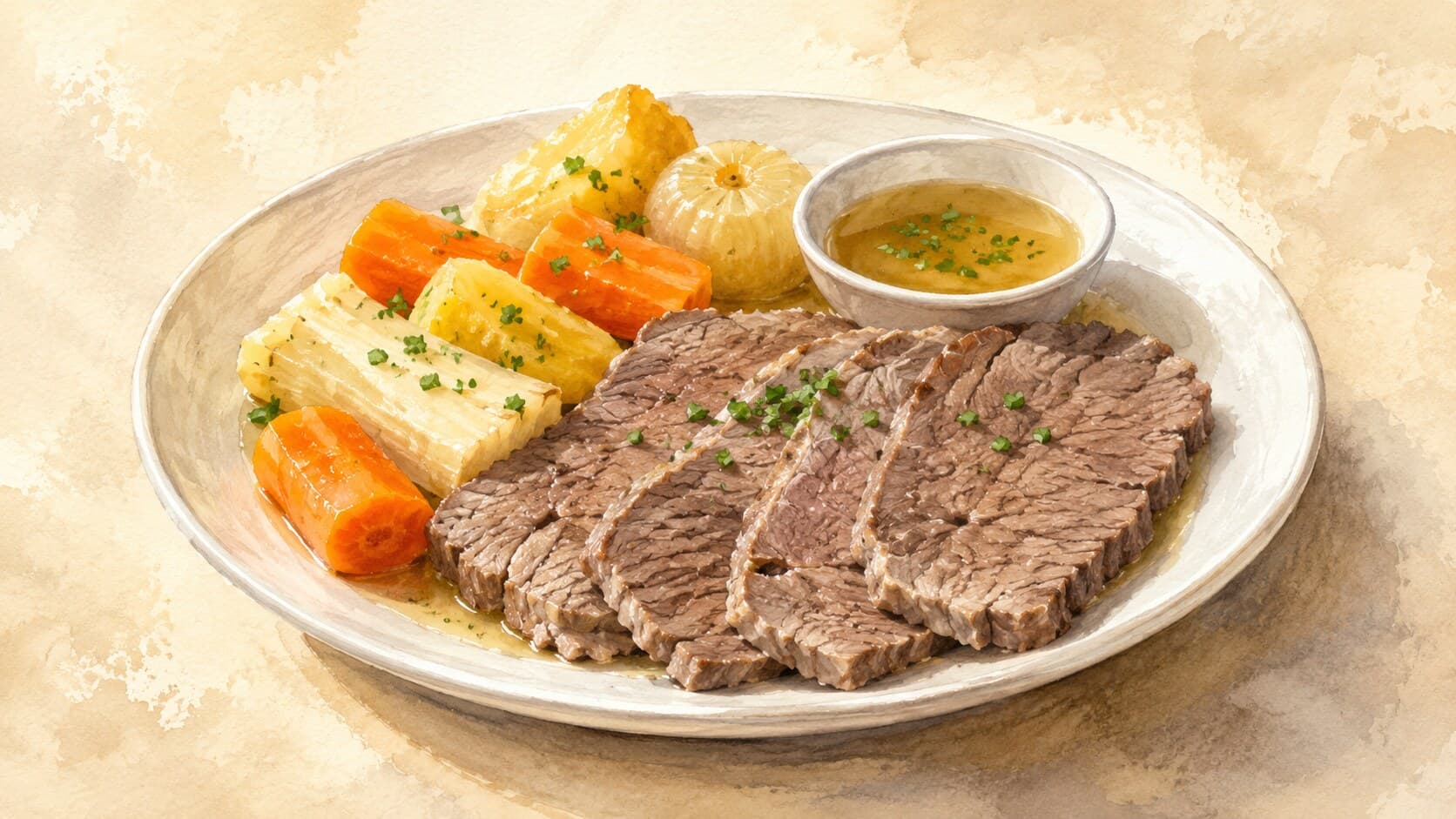 Sliced poached beef with vegetables and a cup of broth for dipping.