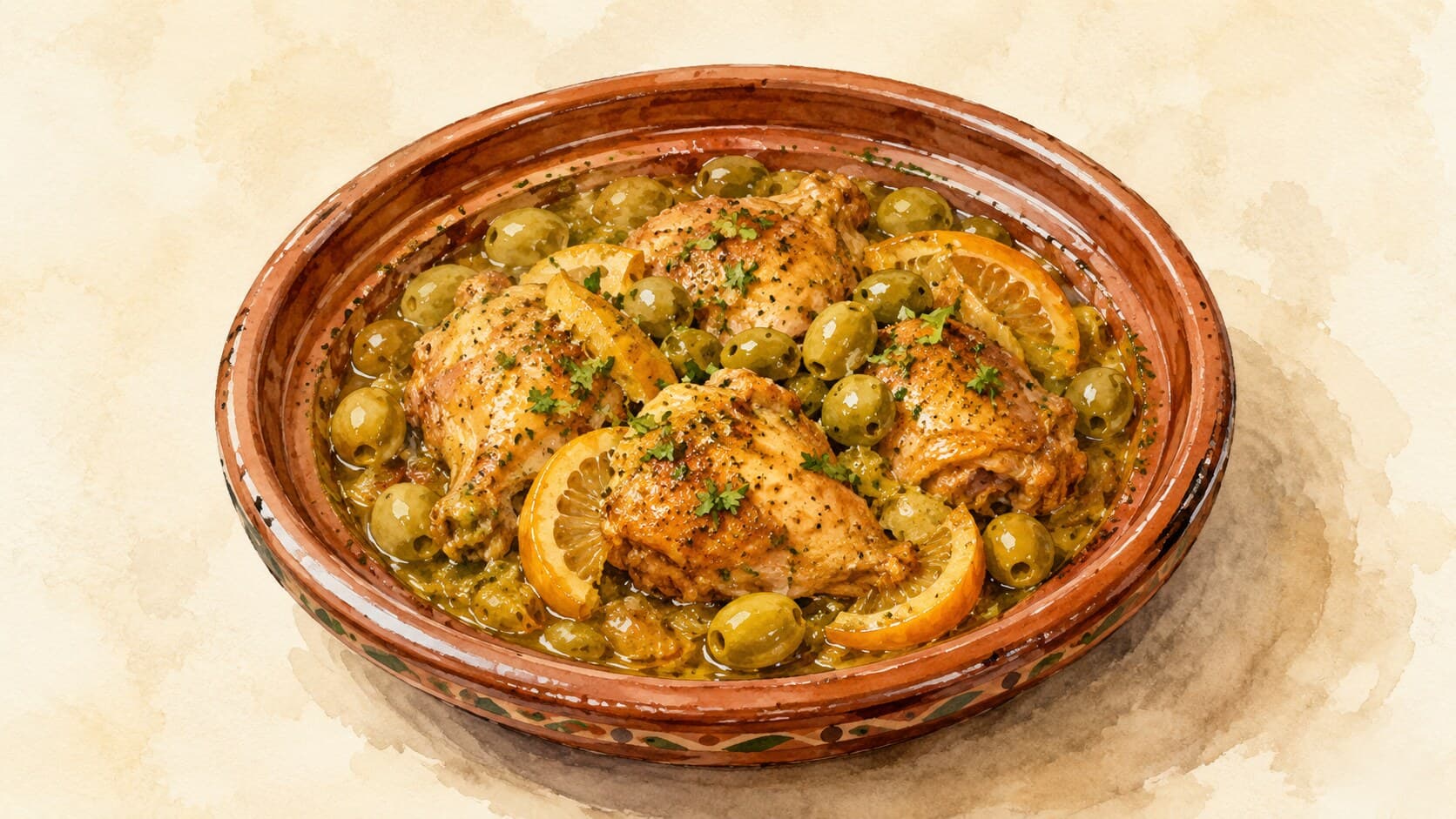 A glazed earthenware tagine filled with chicken thighs, green olives, and preserved lemon slices, garnished with cilantro.
