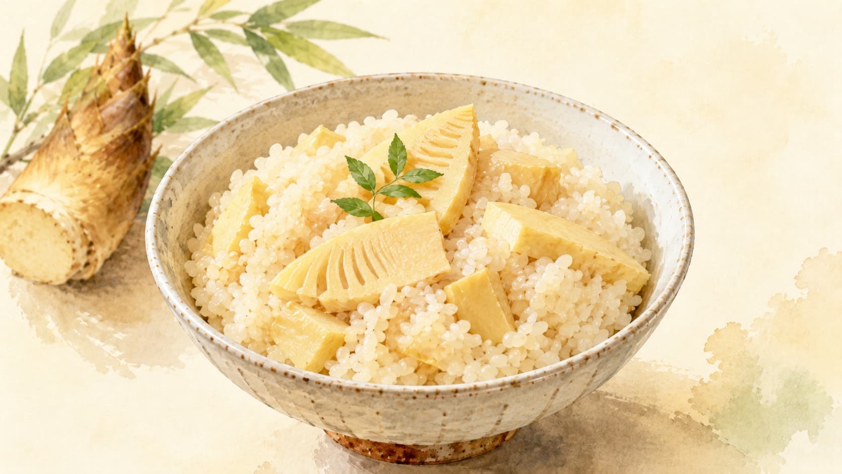 A bowl of Takenoko Gohan, showcasing fluffy rice mixed with fresh bamboo shoots and vibrant green peas.
