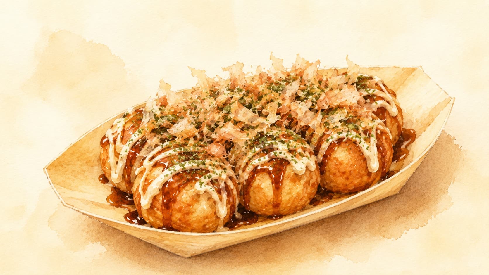 Golden-brown takoyaki balls drizzled with sauce and topped with green onions.