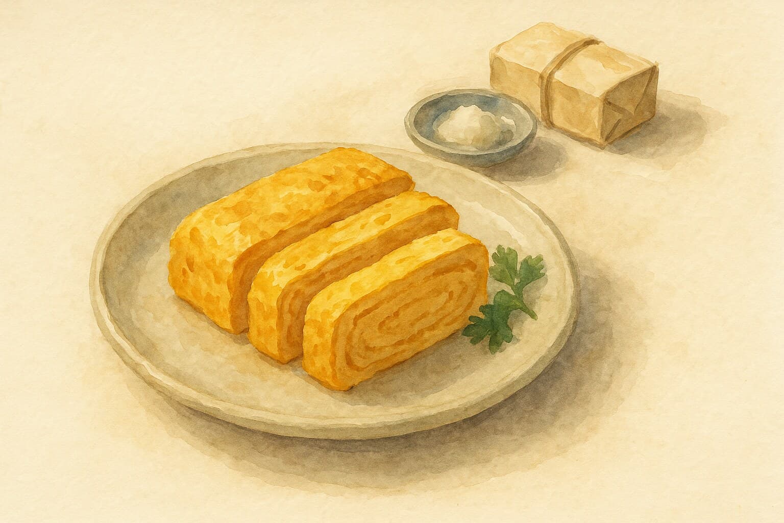 A beautifully presented Tamagoyaki, sliced and arranged on a plate, showcasing its layers.