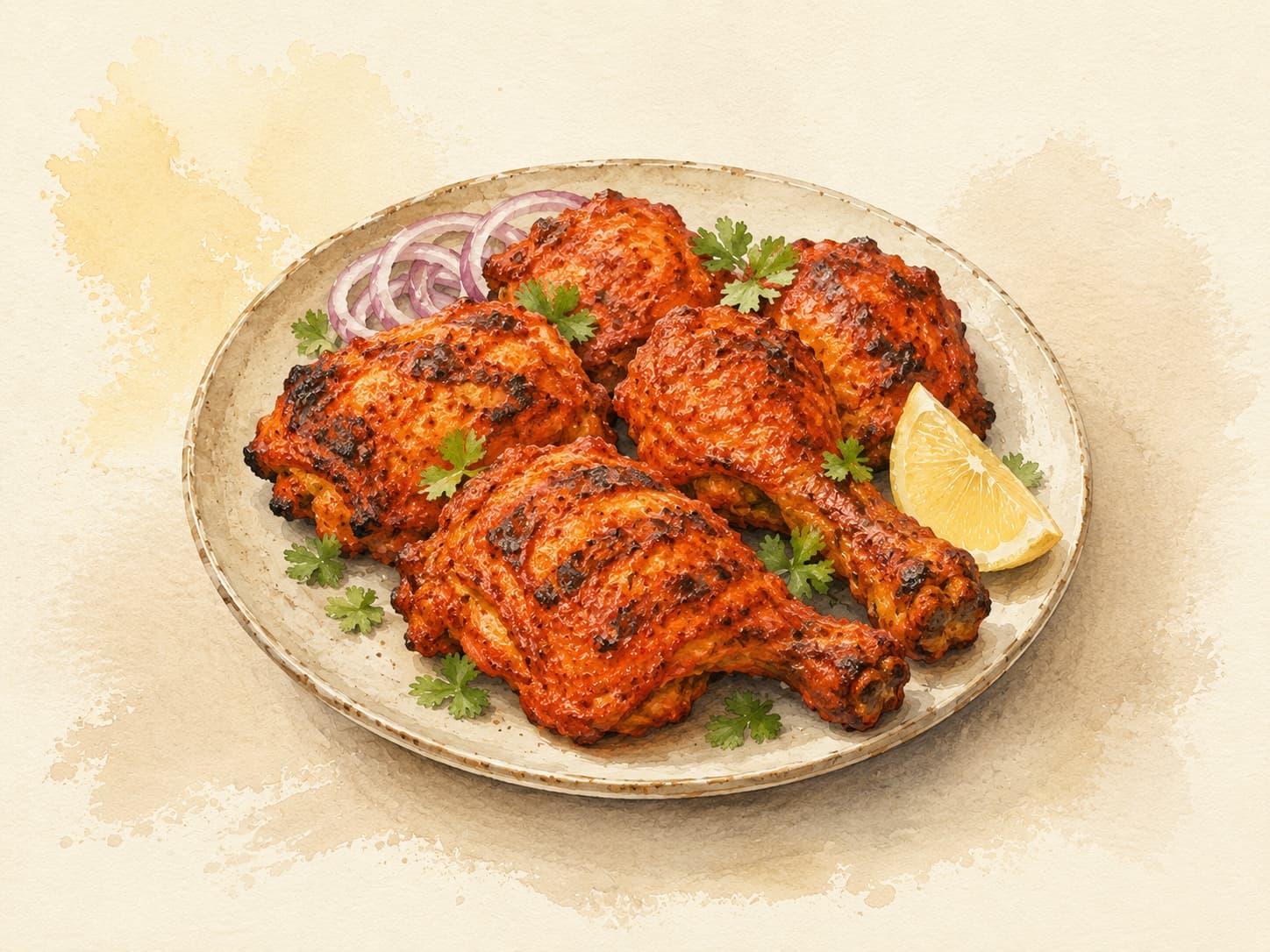 Charred, vibrant red chicken pieces garnished with fresh herbs.