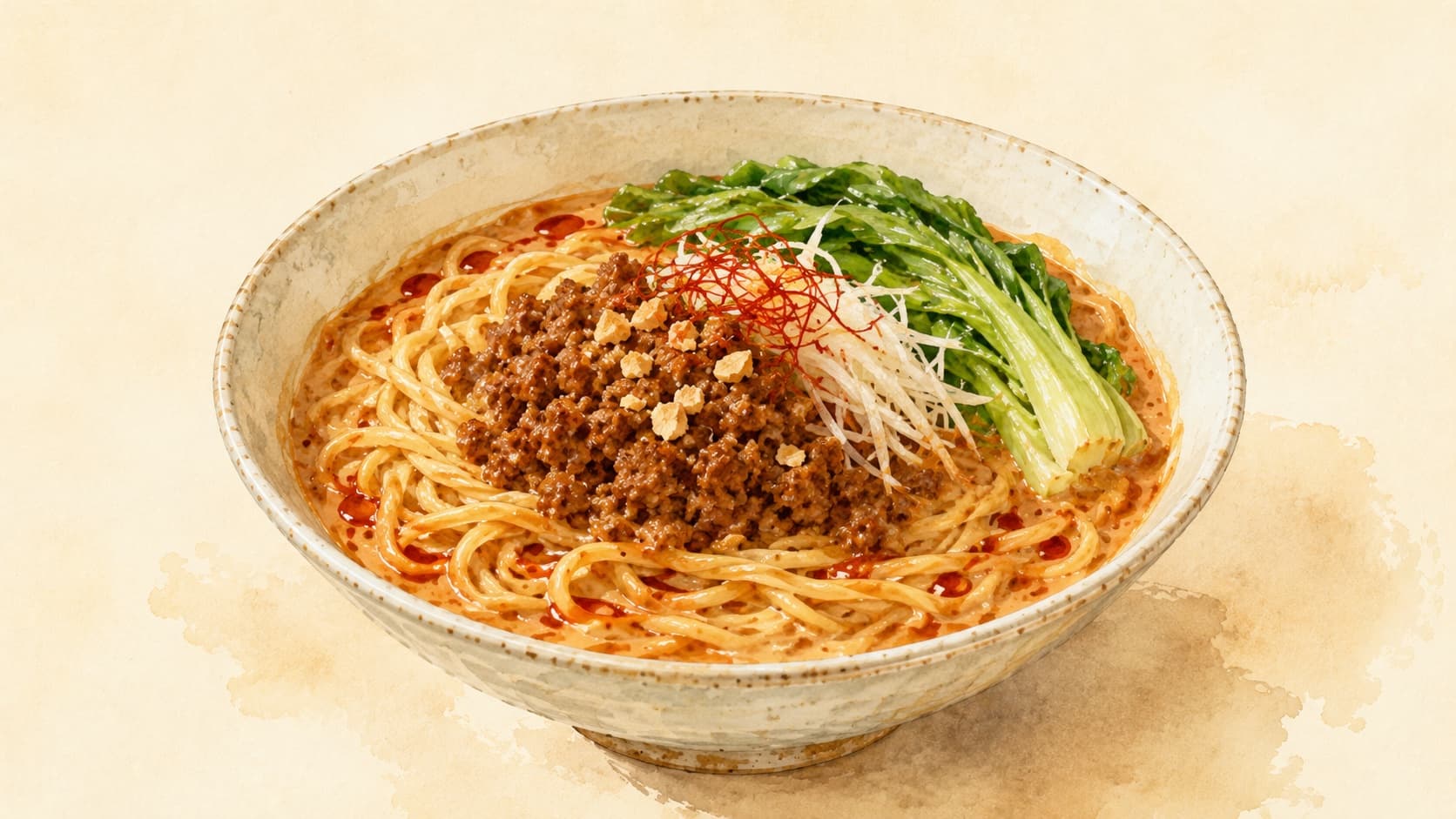 A bowl of Tantanmen featuring noodles, broth, and colorful toppings.