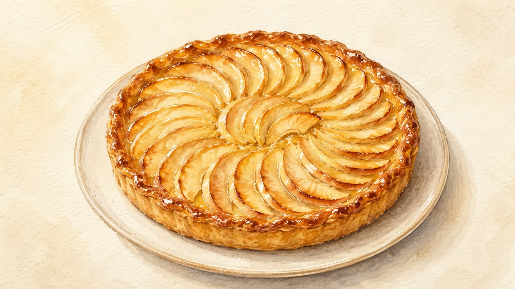 A beautifully arranged French apple tart with glossy apple slices on top.