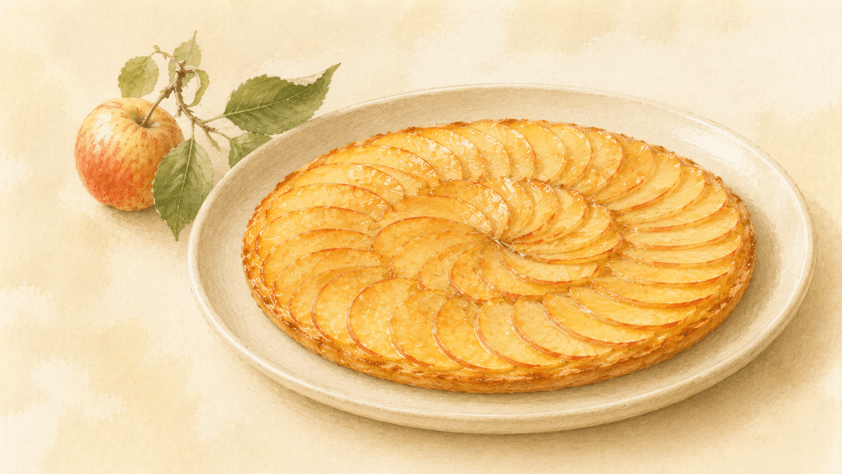 A golden-brown tarte Tatin just inverted onto a plate, caramelized apples glistening in deep amber, the pastry base visible on top