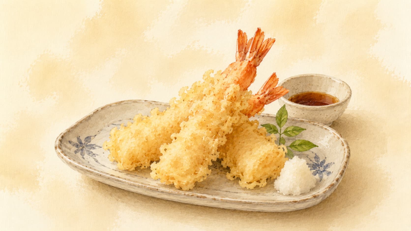 Crispy shrimp tempura arranged on a plate with a dipping sauce.
