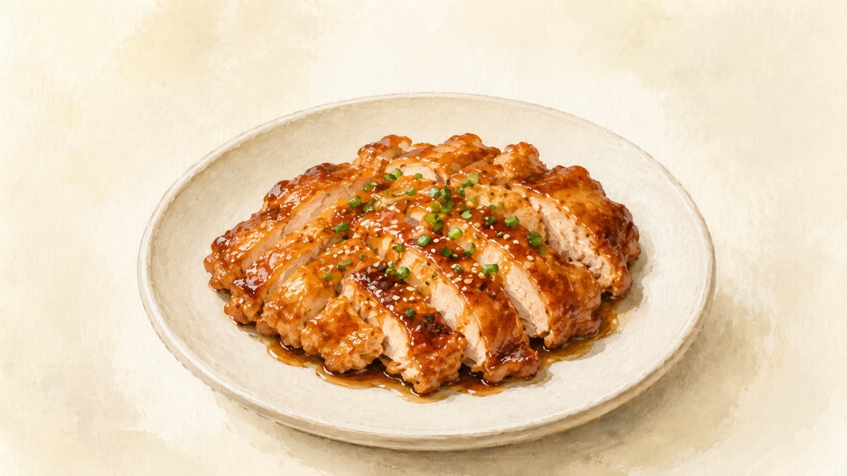 Glistening lacquered chicken thighs in a cast-iron pan, deep mahogany glaze with visible char marks, served with steamed rice