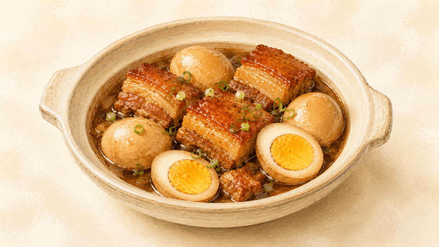 A wide clay pot with deep amber braising liquid, large pork belly cubes, and dark-stained eggs — the sauce thick and shining, steam rising from the surface