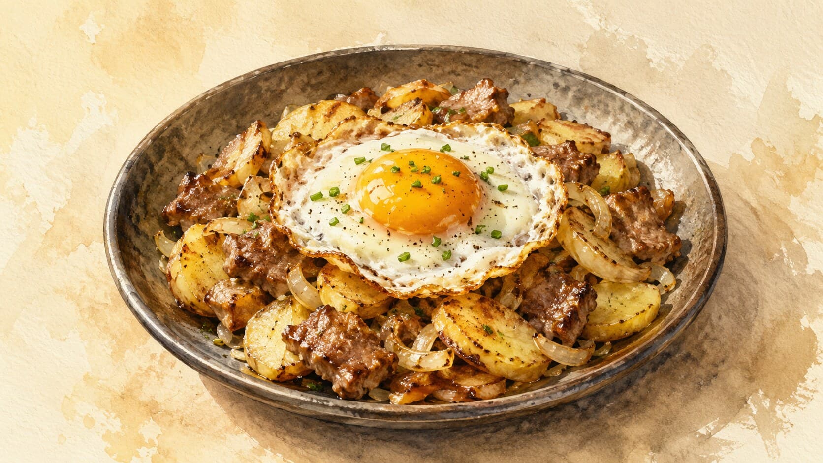 A delicious serving of Tiroler Gröstl topped with a fried egg, showcasing the vibrant colors of the dish.